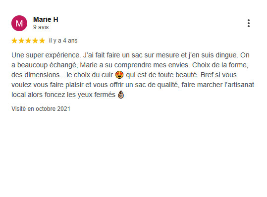 avis de satisfaction client sac à main créé sur mesure par Dagot Cuir